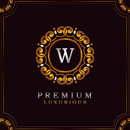 Golden Premium Luxury Mandala Badge Letter W Logo Design. Elegance Ornate Decoration Mandala Badge On Golden Frame .のイラスト素材