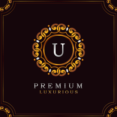 Golden Premium Luxury Mandala Badge Letter U Logo Design. Elegance Ornate Decoration Mandala Badge On Golden Frame .のイラスト素材
