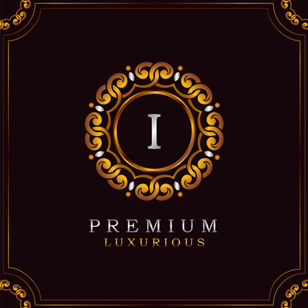 Golden Premium Luxury Mandala Badge Letter I Logo Design. Elegance Ornate Decoration Mandala Badge On Golden Frame .のイラスト素材