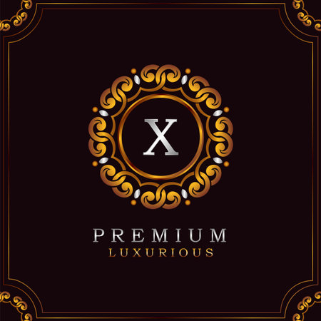 Golden Premium Luxury Mandala Badge Letter X Logo Design. Elegance Ornate Decoration Mandala Badge On Golden Frame .のイラスト素材