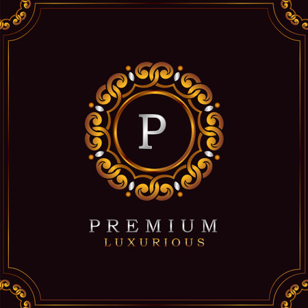 Golden Premium Luxury Mandala Badge Letter P Logo Design. Elegance Ornate Decoration Mandala Badge On Golden Frame .のイラスト素材