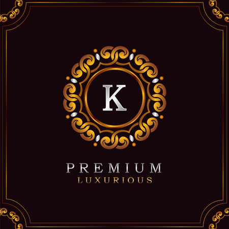 Golden Premium Luxury Mandala Badge Letter K Logo Design. Elegance Ornate Decoration Mandala Badge On Golden Frame .のイラスト素材