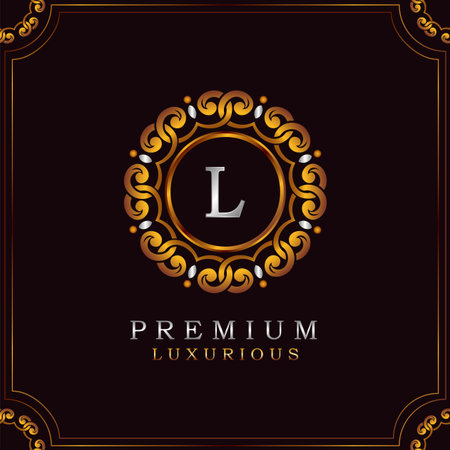 Golden Premium Luxury Mandala Badge Letter L Logo Design. Elegance Ornate Decoration Mandala Badge On Golden Frame .のイラスト素材