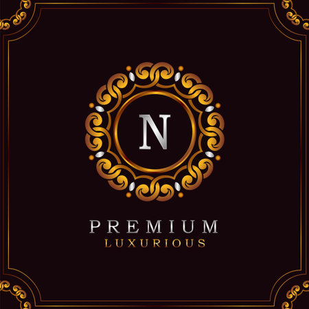 Golden Premium Luxury Mandala Badge Letter N Logo Design. Elegance Ornate Decoration Mandala Badge On Golden Frame .のイラスト素材