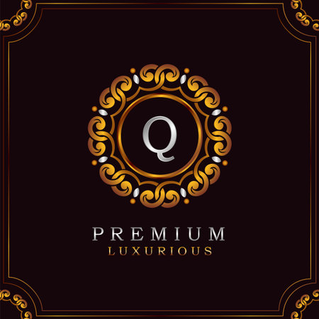 Golden Premium Luxury Mandala Badge Letter Q Logo Design. Elegance Ornate Decoration Mandala Badge On Golden Frame .のイラスト素材