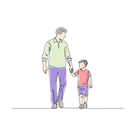 A minimalist flat color line art illustration of a father and his son walking together while holding hands. This vector graphic captures the paternal bond and affection.のイラスト素材