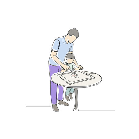A minimalist flat color line art illustration of a father figure helping his child draw or paint at a table. This vector graphic captures shared activity, learning, and creativity.のイラスト素材