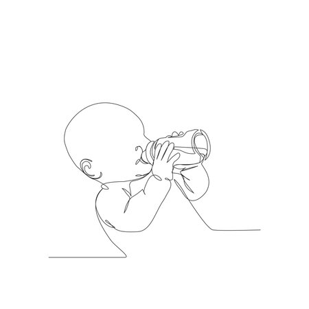 continuous one-line drawing illustration of a hungry baby or toddler holding and drinking milk or water from a baby bottle. This minimalist vector art captures the simple act of feedingのイラスト素材