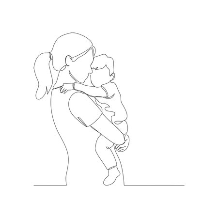 A continuous one-line illustration of a loving mother figure holding her baby in a tender embrace. This minimalist vector art captures the maternal bond and affectionのイラスト素材