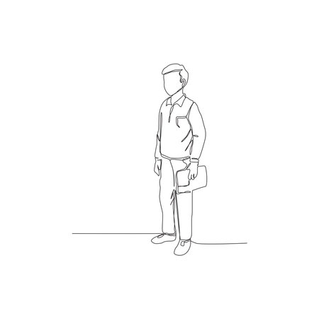 A continuous one-line illustration of a man standing, holding a business bag or laptop case. This minimalist vector art is perfect for professional concepts or work designsのイラスト素材