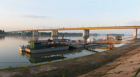 View of the bridge across the Ob River and marinas in Barnaulの写真素材