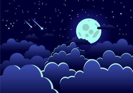 Night sky illustration with moon stars and cloudsのイラスト素材