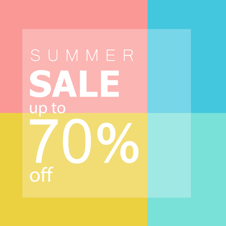 Summer sale up to 70 off. white text and tag on fresh summer colored background.minimal design.のイラスト素材