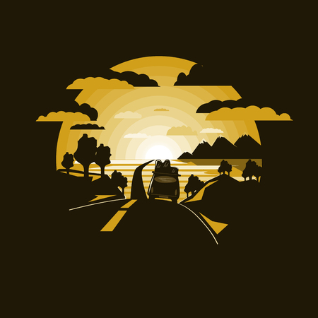 landscape with travel car rides on the road.Negative spave.flat designのイラスト素材