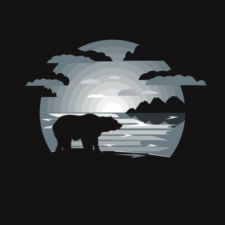 illustration of landscape with bear and lake with moonlight.Negative space circle.Flat designのイラスト素材