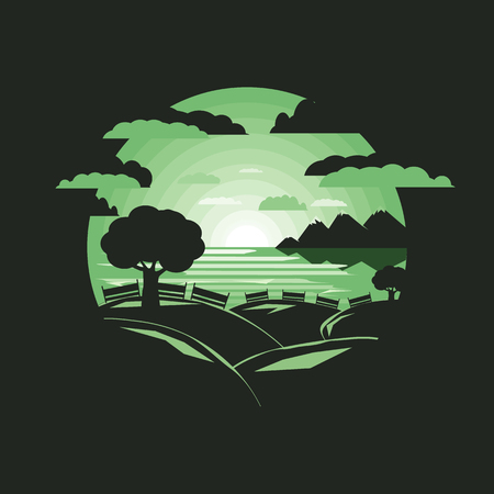 Silhouette tree on hill. with benchNegative space.flat designのイラスト素材