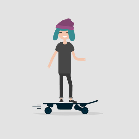 Young female hipster Character rides on electric skateboard.flat designのイラスト素材