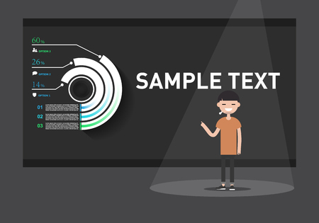 Young speaker presenting infographic on the stage. Presentation template. Space for your text. Flat vector illustrationのイラスト素材