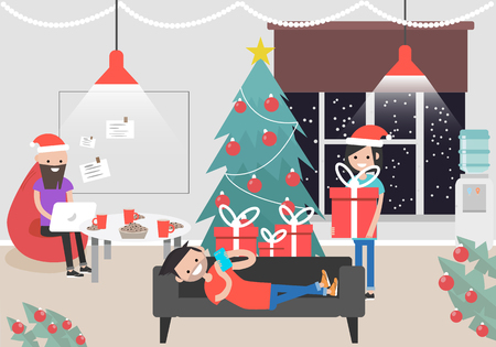 Christmas in the office.Christmas tree, garlands.employees working at the decorated open spaceのイラスト素材