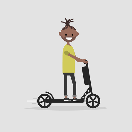 Young male Character rides on electric scooter.flat cartoon design.のイラスト素材