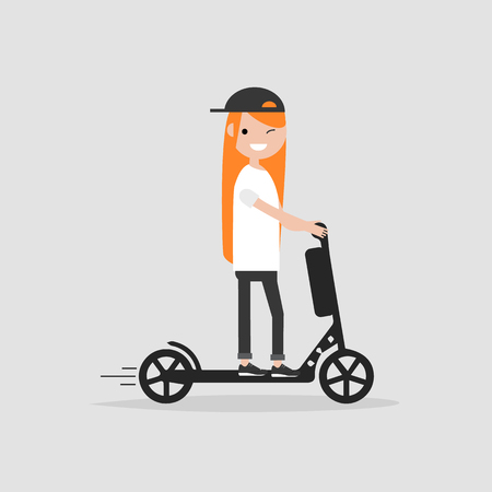Young female Character rides on electric scooter.flat cartoon design.のイラスト素材