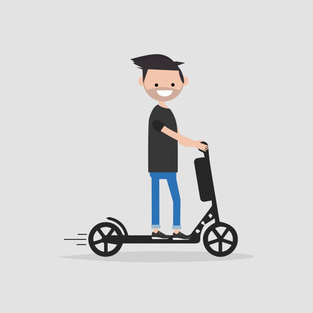 Young Male Character Rides On Electric Scooter Flat Cartoon Design のイラスト 素材 ストックフォト 写真素材のstock Foto ストックドットフォト