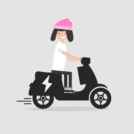 Young female Character rides on electric scooter.flat cartoon design.のイラスト素材
