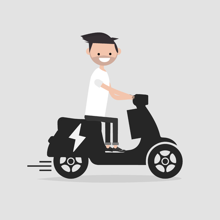 Young male Character rides on electric scooter.flat cartoon design.のイラスト素材