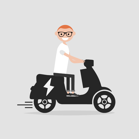 Young male Character rides on electric scooter.flat cartoon design.のイラスト素材