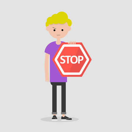 Young male character holding a red stop sign. Flat cartoon illustrationのイラスト素材