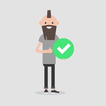 Young male character holding a green accepted sign. Flat cartoon illustrationのイラスト素材