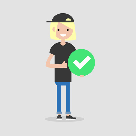 Young female character holding a green accepted sign. Flat cartoon illustrationのイラスト素材
