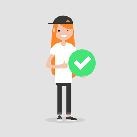Young female character holding a green accepted sign. Flat cartoon illustrationのイラスト素材