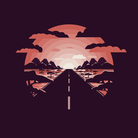 Road to the mountains, road icon, icon of the mountains, nature, road sign. Negative space.Flat designのイラスト素材