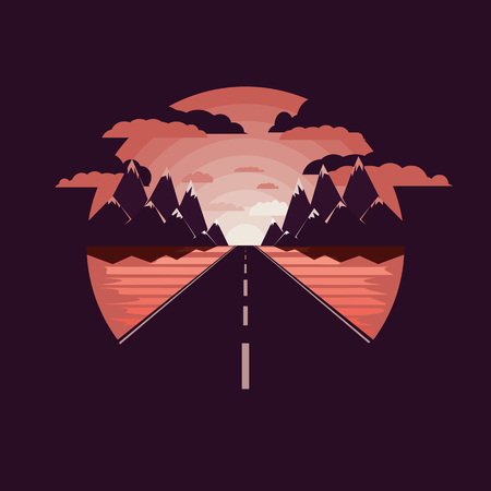 Road to the mountains, road icon, icon of the mountains, nature, road sign. Negative space.Flat designのイラスト素材