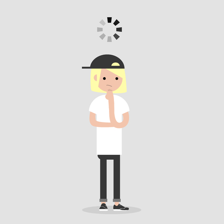 Young pensive character with a loading bar above her head.flat cartoon designのイラスト素材