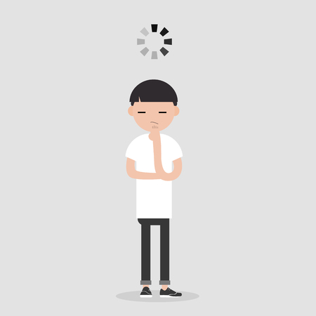 Young pensive character with a loading bar above her head.flat cartoon designのイラスト素材