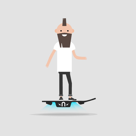 Young haracter rides on flying skateboard.flat cartoon designのイラスト素材
