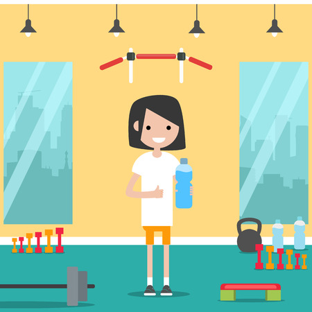 Young character shows water bottle and and thumb up in the gym.Flat cartoon designのイラスト素材