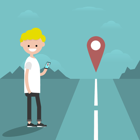 Navigation equipment. GPS geo tag. Young character holding a smartphone.Road. Waiting for a taxiのイラスト素材