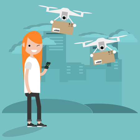 Drone delivery service. Young character using the app to receive the parcel.Flat cartoon designClip artのイラスト素材