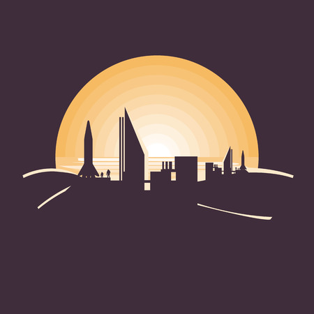 Mars colonization futuristic landscape with colony base astronaut and rocket.Negative space illustration.のイラスト素材
