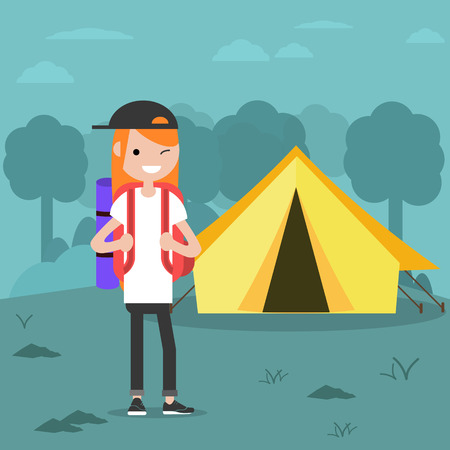 Young charcter in the forest near by tent.Backpacker Flat cartoon design.Clip artのイラスト素材