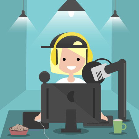 Young character sitting at computer desk.Streaming.Cloud gaming service.Flat cartoon design.Clip artのイラスト素材