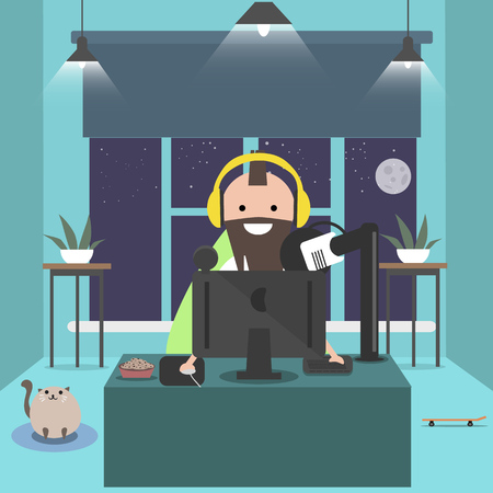 Young character sitting at computer desk.Streaming.Night roomFlat cartoon design.Clip artのイラスト素材