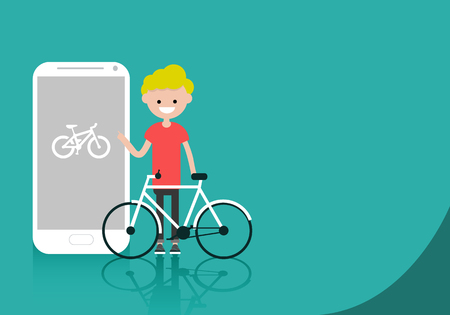 Young character with bike standing near smartphone.Bike sport app.Space for your text.Flat cartoon designのイラスト素材