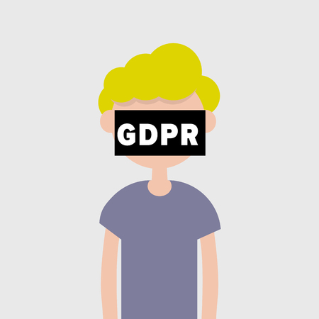 GDPR. Young character hiding behind an inscription General Data Protection Regulation.Flat cartoon design.Clip artのイラスト素材