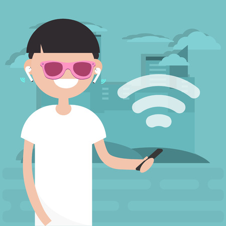 Young character walking down the street with wireless headphones.Wireless icon.Flat cartoon designのイラスト素材