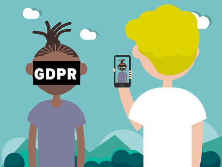 GDPR.Young photographer takes pictures of a character hiding behind an inscription General Data Protection Regulation.Flat cartoon designのイラスト素材