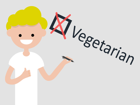 Vegetarian.Young character with pen shows checkbox with a cross on grey background. Checklist concept.Flat cartoon designのイラスト素材